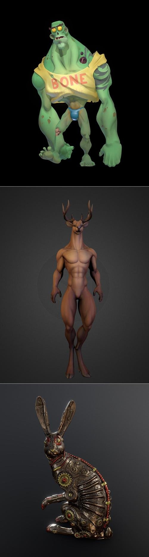 Zombie Bone Machine and Dvalinn Deer WIP and Steampunk Rabbit Figurine – 3D Print