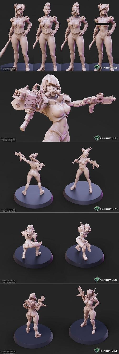 Cyberpunk Scrapper Girl and Mercenary Pose 1-7 Variants and Pinup – 3D Print